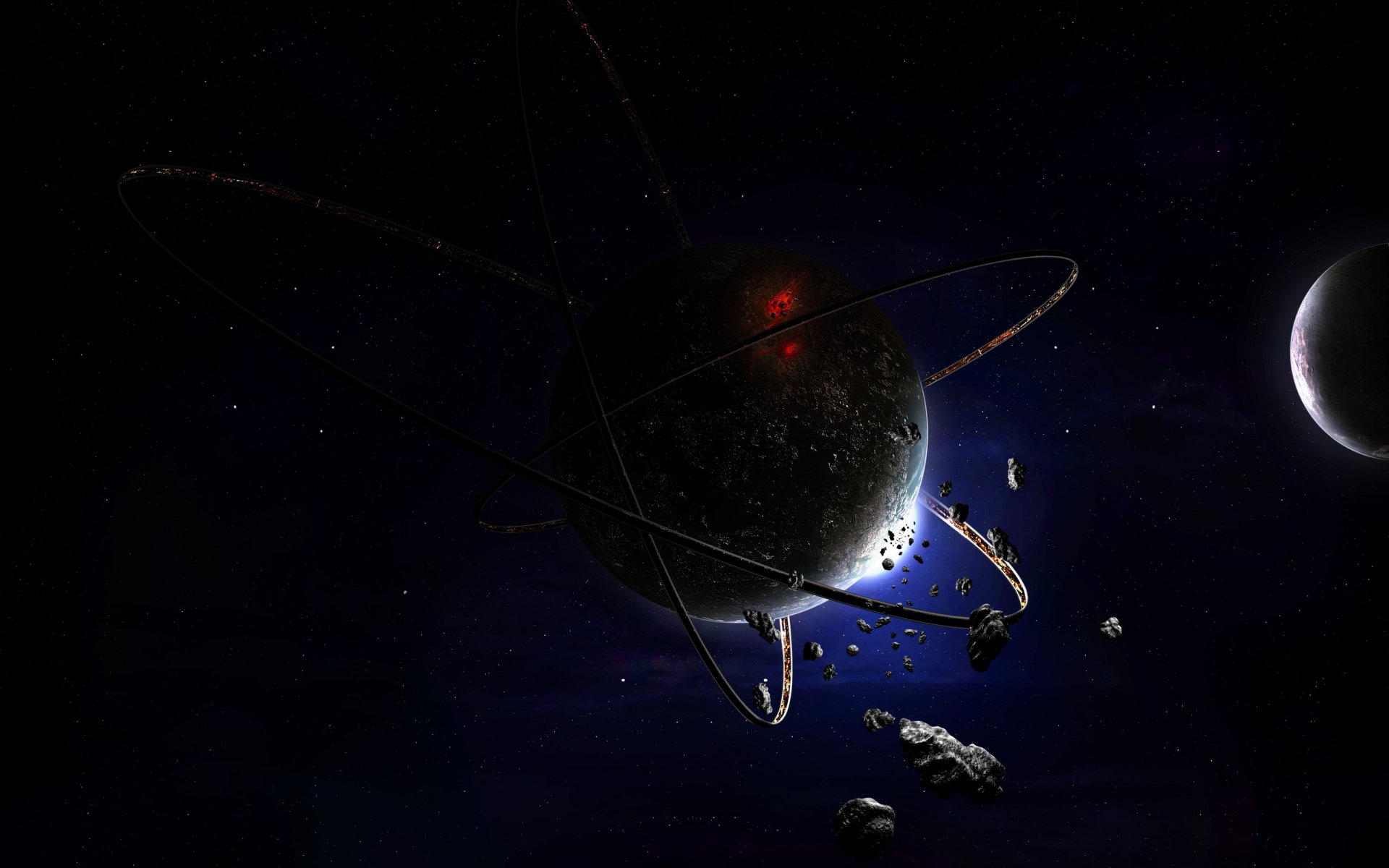 HD PC desktop wallpaper depicting a sci-fi scene with a dark planet surrounded by rings and nearby celestial bodies against a deep space background.