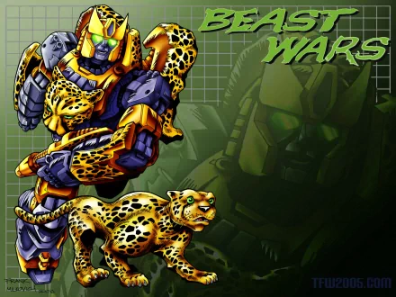 HD PC desktop wallpaper featuring characters from the TV show Beast Wars: Transformers, highlighting the robotic cheetah and its armored companion against a green grid backdrop.