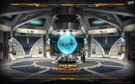 HD PC desktop wallpaper: Star Wars: The Old Republic video game Republic command bridge interior with central blue holographic globe, two officers, futuristic consoles and logo at bottom.