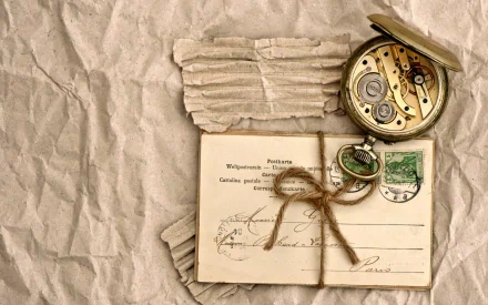A vintage-inspired HD wallpaper featuring a stylish pocket watch, a twine-bound postcard, and textured paper, evoking a sense of nostalgia and timeless elegance.