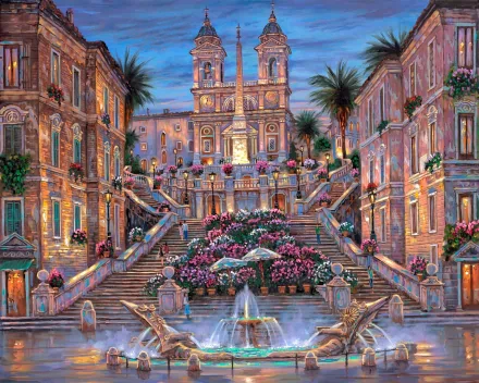 HD artistic painting of a vibrant, flower-adorned staircase leading to a grand historic building, captured as a detailed PC desktop wallpaper and background.
