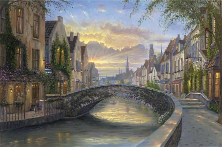 Artistic painting of a serene canal with a stone bridge, lined by charming houses under a colorful sky, designed as an HD PC desktop wallpaper.