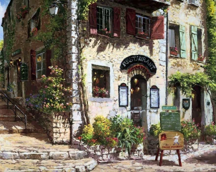 Artistic painting of a charming restaurant nestled among lush greenery and colorful flowers, serving as an HD PC desktop wallpaper and background.