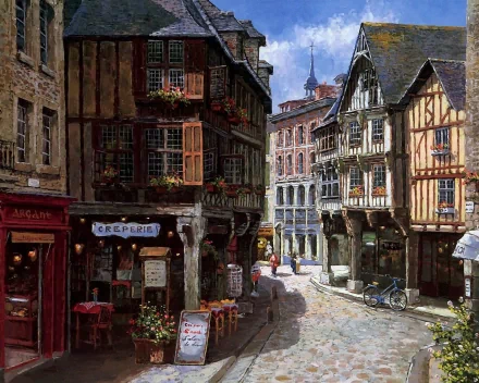Artistic painting of a charming European street with historic buildings, cobblestone path, and vibrant storefronts, featured as an HD PC desktop wallpaper and background.