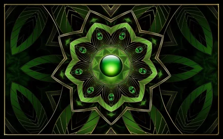 An intricate green fractal design featuring a central gem, surrounded by symmetrical leaf patterns, creating a striking abstract wallpaper for HD PC desktops.