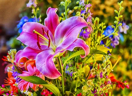 A vibrant pink lily stands out among a colorful array of flowers, capturing the beauty of nature in this HD desktop wallpaper and background.