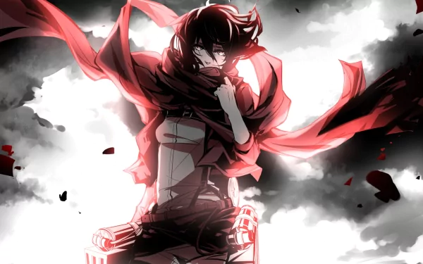 HD wallpaper featuring Mikasa Ackerman from Attack on Titan. She stands against a dramatic sky, wearing her uniform and a red scarf, with black hair flowing.