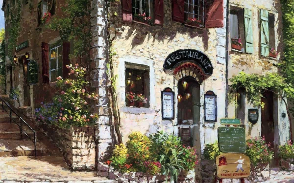 Artistic painting of a charming restaurant nestled among lush greenery and colorful flowers, serving as an HD PC desktop wallpaper and background.