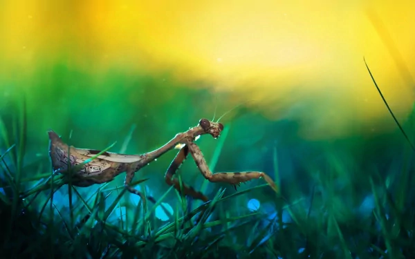 Macro shot of a praying mantis on grass with vibrant green and yellow blurred background, captured in HD quality for a PC desktop wallpaper.