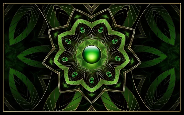 An intricate green fractal design featuring a central gem, surrounded by symmetrical leaf patterns, creating a striking abstract wallpaper for HD PC desktops.