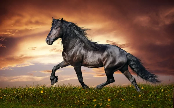 HD desktop wallpaper featuring a majestic black horse galloping on a flowery meadow against a dramatic sunset sky.