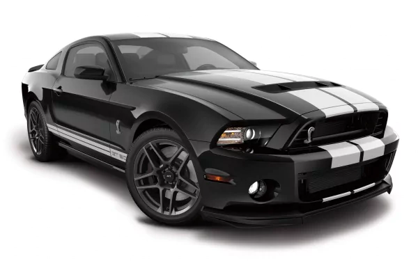 A sleek black Ford Mustang Shelby GT500 with striking stripes, presented as a high-definition desktop wallpaper, showcasing its powerful design and iconic status.