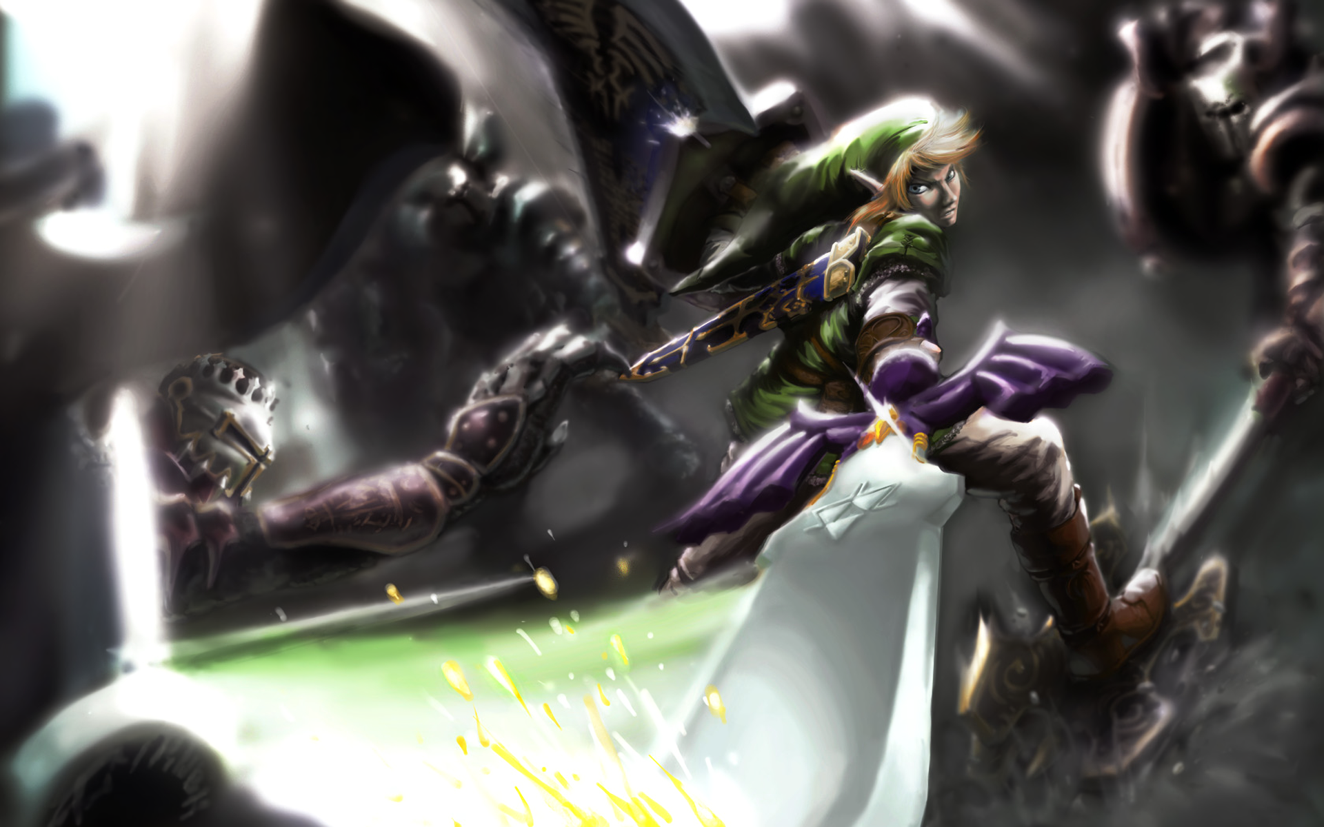 HD PC desktop wallpaper featuring Link from The Legend of Zelda: Twilight Princess in action, ready for battle in a dynamic video game scene.