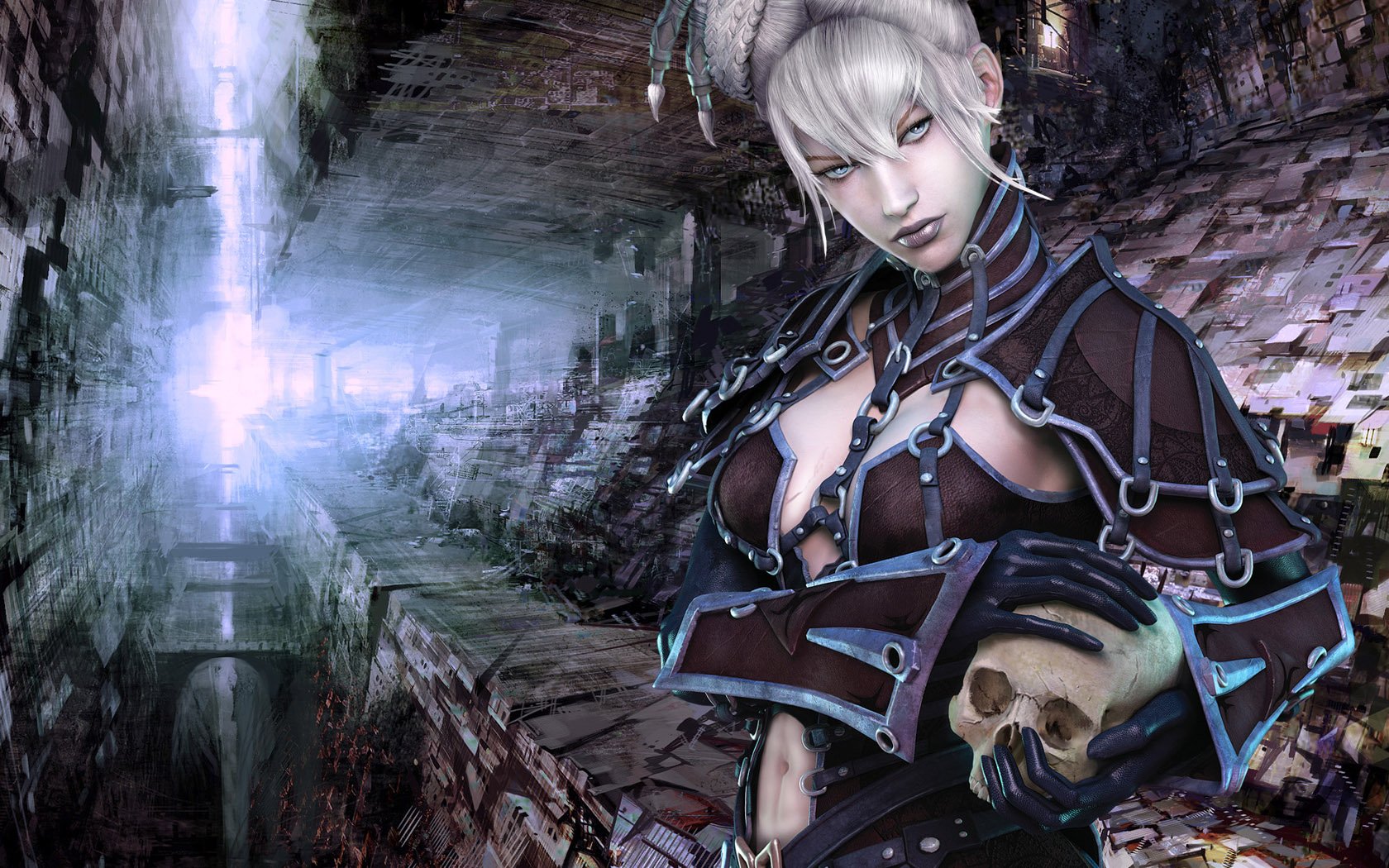 HD Guild Wars desktop wallpaper featuring a fierce warrior with silver hair, dark armor, and a skull detail, set against a mysterious, rugged background.