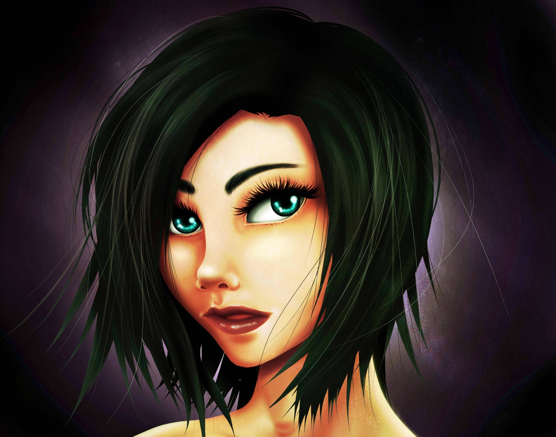 Artistic HD desktop wallpaper featuring a close-up of a woman with striking blue eyes and dark hair against a dark, blurred background.