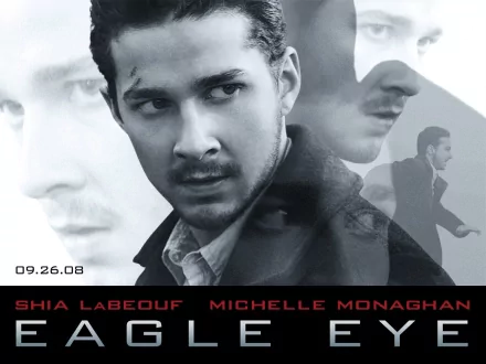 A striking HD wallpaper from the movie Eagle Eye, featuring Shia LaBeouf and Michelle Monaghan, showcasing intense expressions and dramatic visuals.
