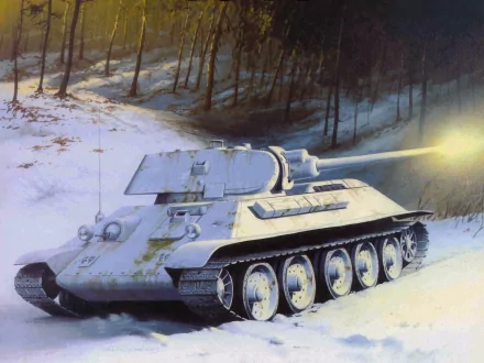 HD PC desktop wallpaper featuring a military T-34 tank firing in a snowy forest setting during winter.
