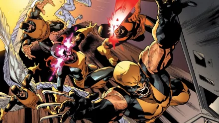 HD PC desktop wallpaper featuring the Original X-Men heroes Jean Grey, Iceman, Beast, Angel, Cyclops, and Wolverine in dynamic comic-style action.
