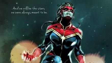 HD PC desktop wallpaper featuring a powerful comic-style Captain Marvel with glowing hands, accompanied by the quote, And we will be the stars we were always meant to be.