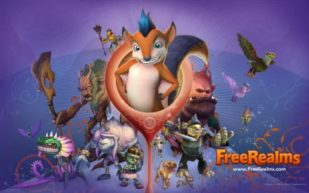 HD PC desktop wallpaper featuring vibrant characters from the video game Free Realms, showcasing a colorful fantasy world with diverse creatures and heroes.