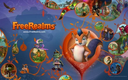 HD PC desktop wallpaper featuring vibrant characters and scenes from the video game Free Realms, with the game's logo prominently displayed.