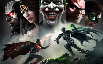 HD PC wallpaper featuring DC Comics characters Cyborg, Wonder Woman, Joker, Flash, and Green Lantern from the video game Injustice: Gods Among Us in an intense battle scene.