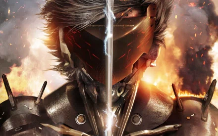 A dynamic HD wallpaper featuring a character from the video game Metal Gear Rising: Revengeance, showcasing intense fire and a striking sword.