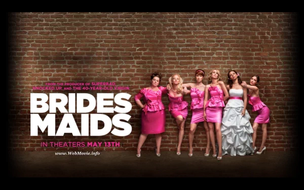 HD desktop wallpaper featuring the cast of the movie Bridesmaids in formal attire against a brick wall background.