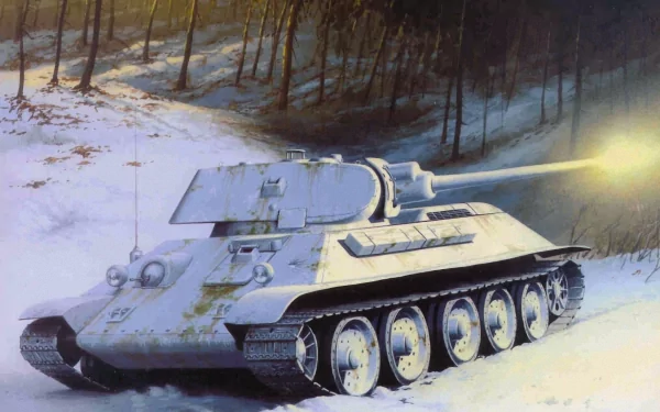 HD PC desktop wallpaper featuring a military T-34 tank firing in a snowy forest setting during winter.