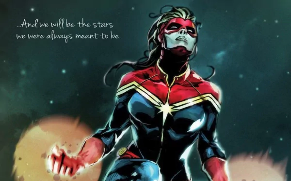 HD PC desktop wallpaper featuring a powerful comic-style Captain Marvel with glowing hands, accompanied by the quote, And we will be the stars we were always meant to be.
