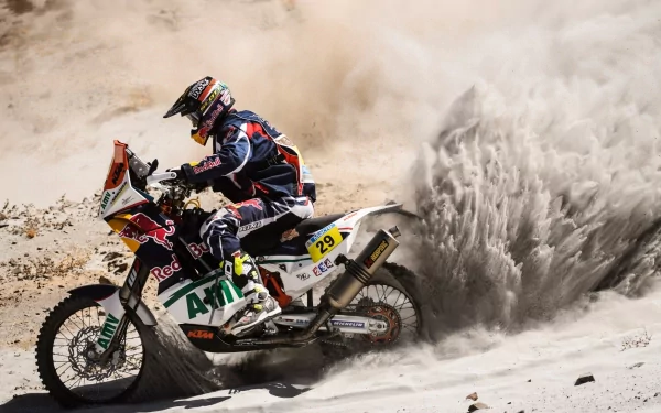 HD PC desktop wallpaper featuring a KTM vehicle racing through sand, kicking up a dramatic cloud of dust.