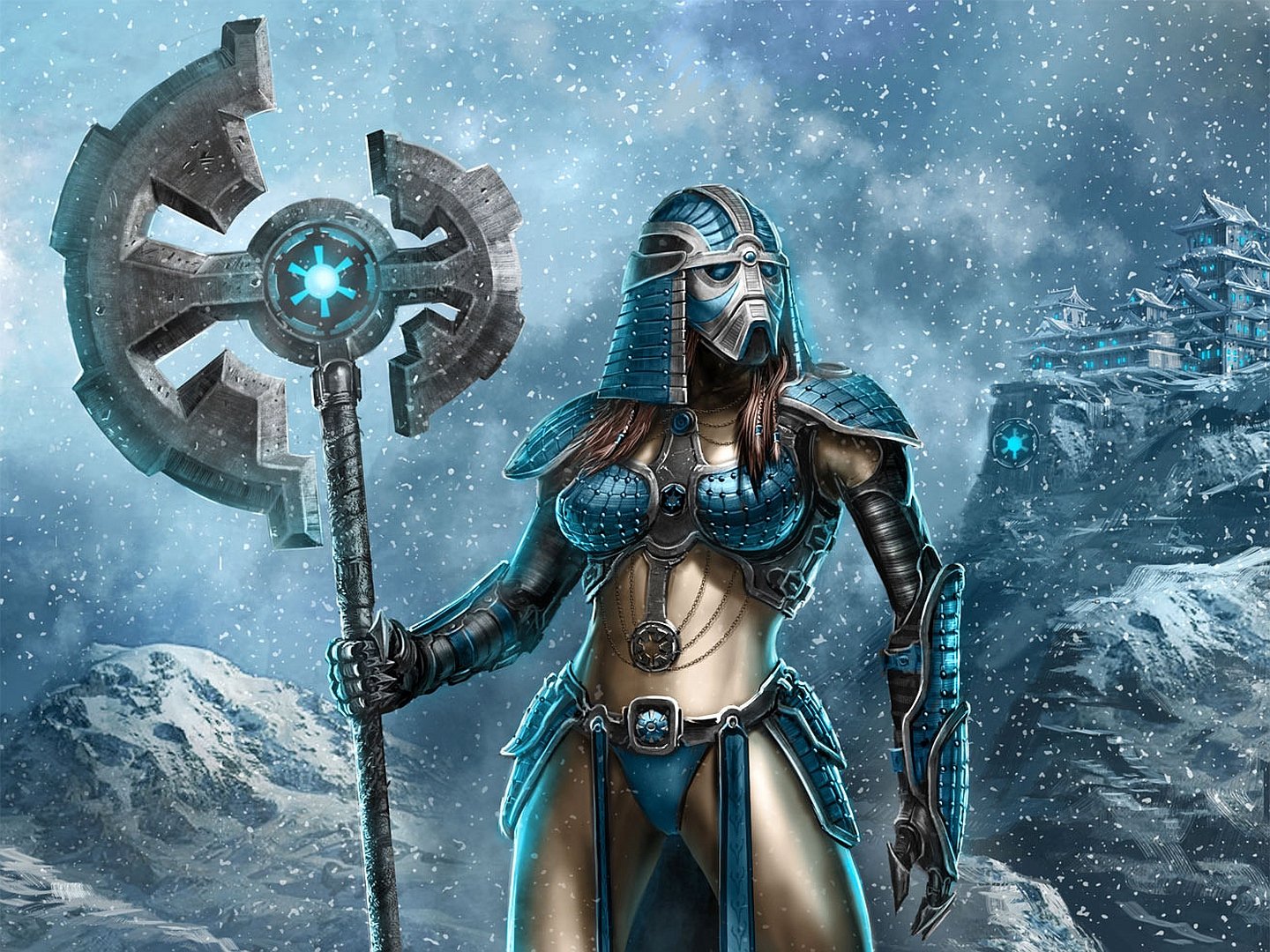 A fierce woman warrior stands in a snowy landscape, wielding a large staff adorned with a star, embodying strength and fantasy in this HD PC desktop wallpaper.