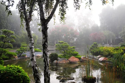 HD desktop wallpaper of a serene man-made Japanese garden, featuring a misty atmosphere, a pond with rocks, and lush greenery with a few trees in the foreground.