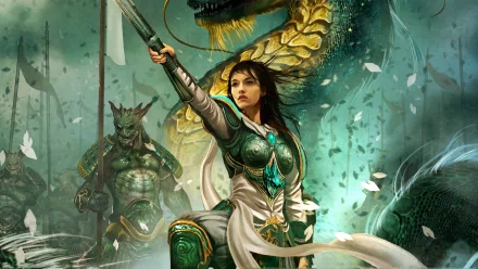 HD desktop wallpaper featuring a female warrior and mythical creatures from the video game Might & Magic Heroes VI in a dynamic fantasy battle scene.