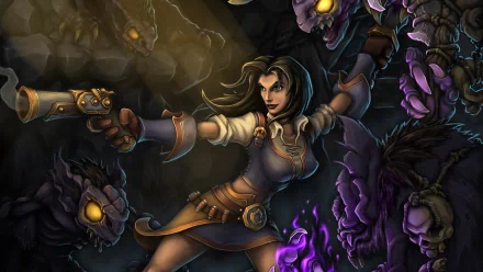 Torchlight II HD PC desktop wallpaper showing a female gunslinger firing a pistol amid glowing-eyed purple shadow beasts and swirling dark magic.
