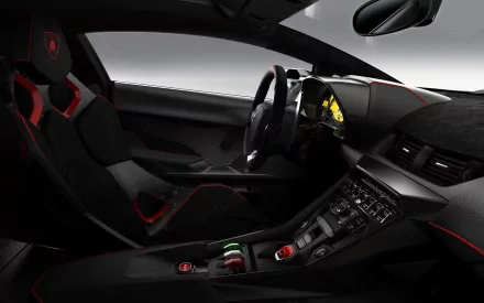 HD desktop wallpaper featuring the sleek and luxurious interior of a Lamborghini Veneno, showcasing its futuristic dashboard and premium materials.