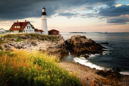 HD desktop wallpaper showing a lighthouse on a rocky coastline with adjacent buildings, set against a dramatic sky and calm sea.