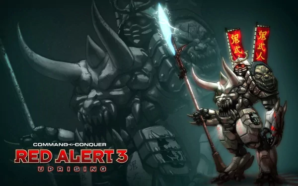 HD PC desktop wallpaper for Command & Conquer: Red Alert 3 — a samurai-style mech warrior with glowing energy blade and red banners.