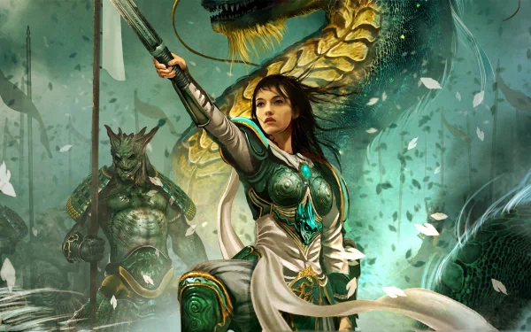 HD desktop wallpaper featuring a female warrior and mythical creatures from the video game Might & Magic Heroes VI in a dynamic fantasy battle scene.