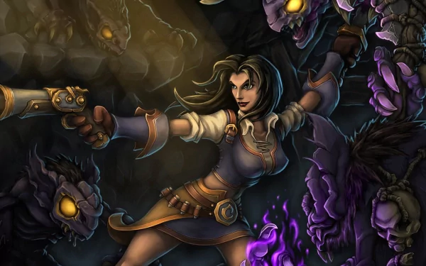 Torchlight II HD PC desktop wallpaper showing a female gunslinger firing a pistol amid glowing-eyed purple shadow beasts and swirling dark magic.