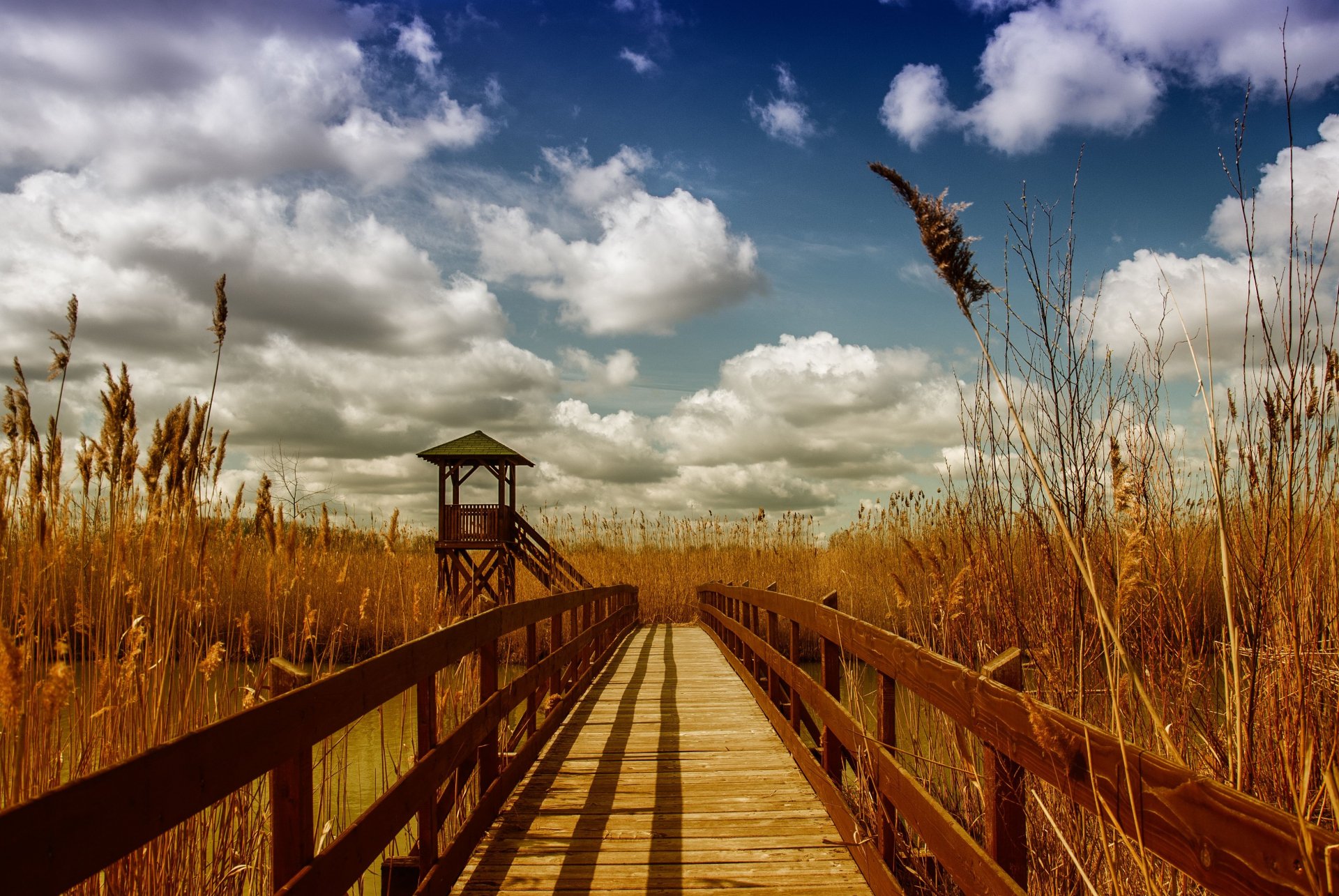 A scenic wooden bridge leads into a serene landscape with tall grasses and a viewing tower, under a sky adorned with fluffy clouds. A striking 4K Ultra HD wallpaper.