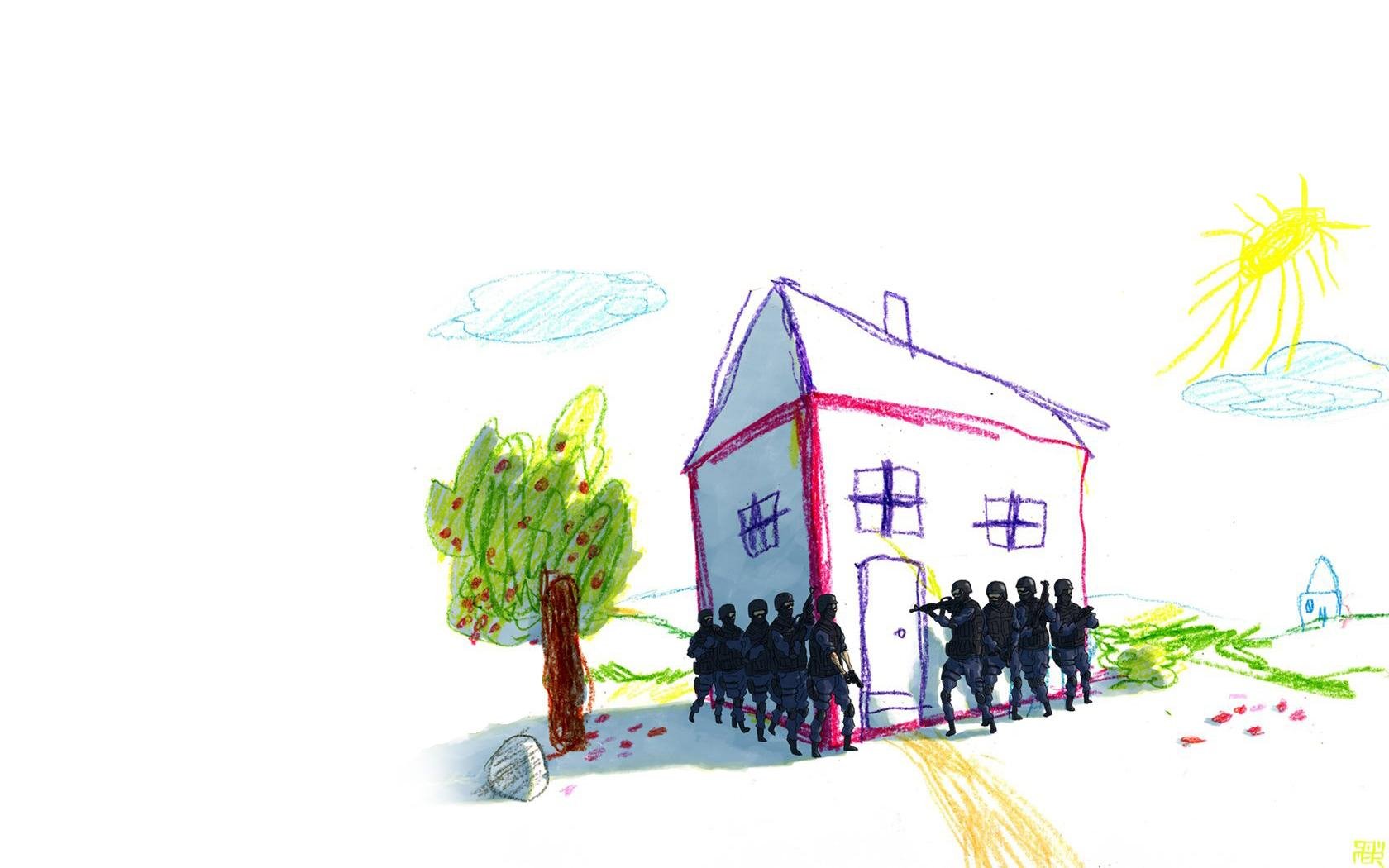 HD PC desktop wallpaper featuring a childlike drawing of a house with a group of silhouetted Counter Strike characters standing outside under a bright sun and blue sky.