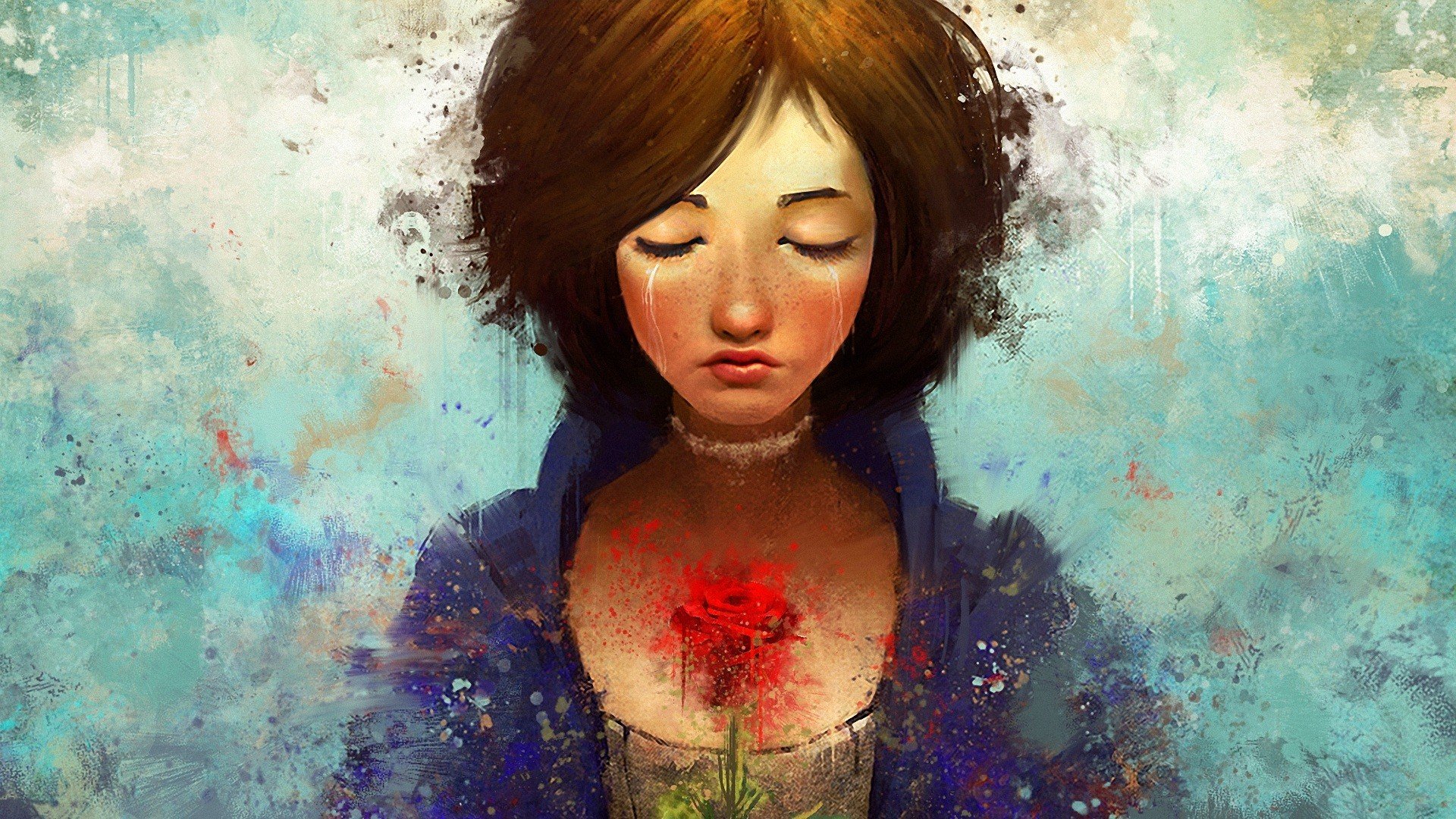 HD PC desktop wallpaper featuring an artistic, painted portrait of a character from the video game Bioshock Infinite holding a glowing red rose against a cloudy background.