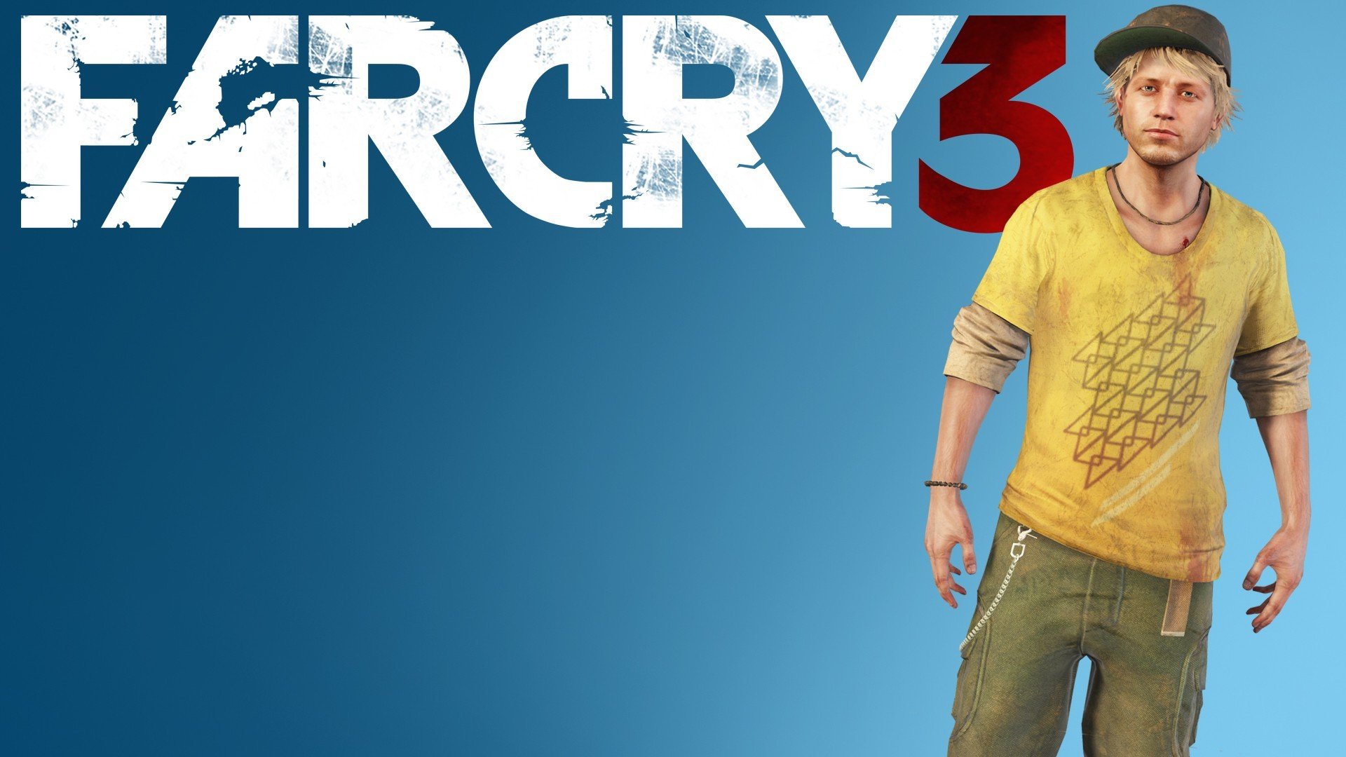 Far Cry 3 video game HD PC desktop wallpaper: blue background with a large FAR CRY 3 logo on the left and a male character in a yellow shirt standing on the right.