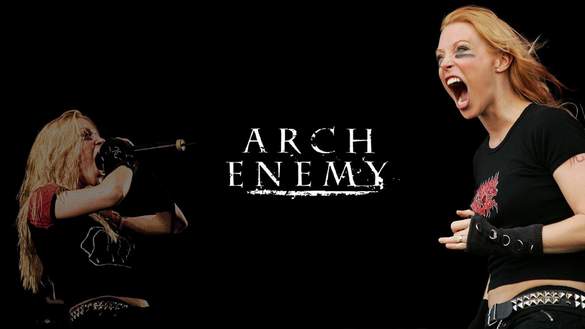 HD PC desktop wallpaper: Arch Enemy logo centered on a black background, flanked by two dynamic, screaming female vocalists in stage outfits, capturing an intense metal music vibe.