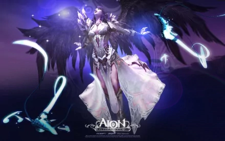 HD PC desktop wallpaper from the video game AION: a winged female warrior in ornate armor and flowing skirt, dark angelic wings and glowing magic ribbons on a purple background.