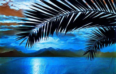A serene HD wallpaper featuring a silhouette of palm trees against a tranquil blue ocean and mountains, under a colorful sky, capturing the beauty of nature.