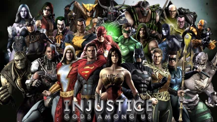 HD desktop wallpaper featuring characters from the video game Injustice: Gods Among Us against a dynamic backdrop. The image showcases various iconic superheroes and villains.
