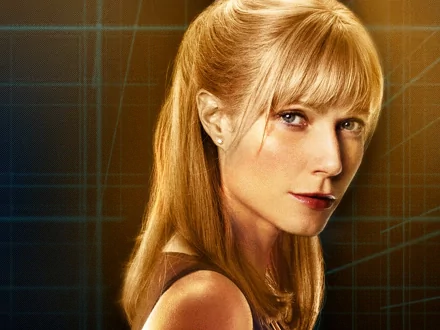 Close-up of Gwyneth Paltrow as Pepper Potts from the movie Iron Man, featuring her striking expression against a sleek, digital background. High-definition desktop wallpaper.