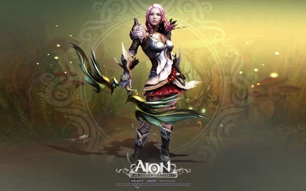 HD PC desktop wallpaper for the AION video game: a female armored archer in ornate fantasy armor with flowing ribbons stands before a glowing, decorative backdrop.